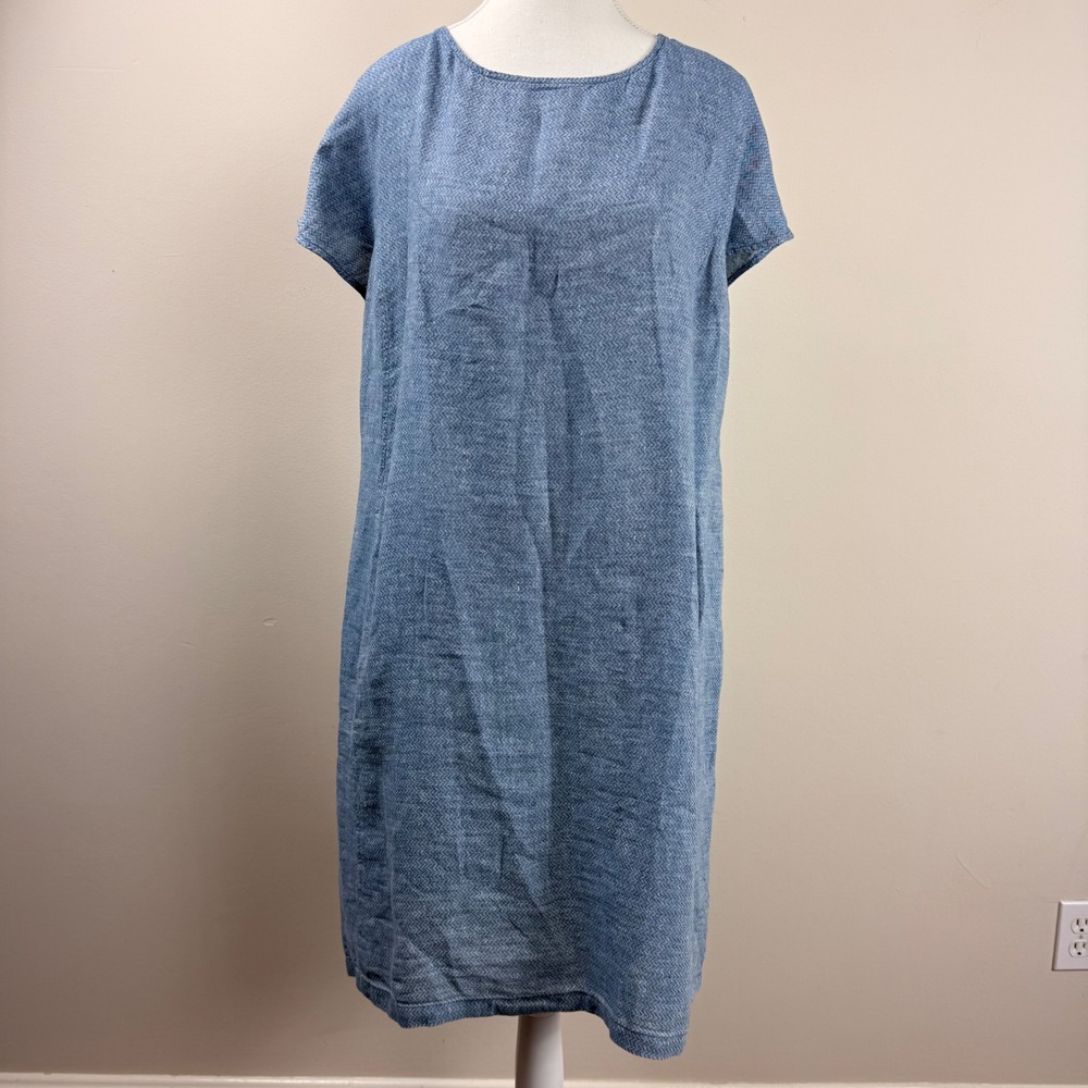 Eileen Fisher Woman Blue Organic Linen Chevron Shift Dress Pockets‎ 1X S19CYG